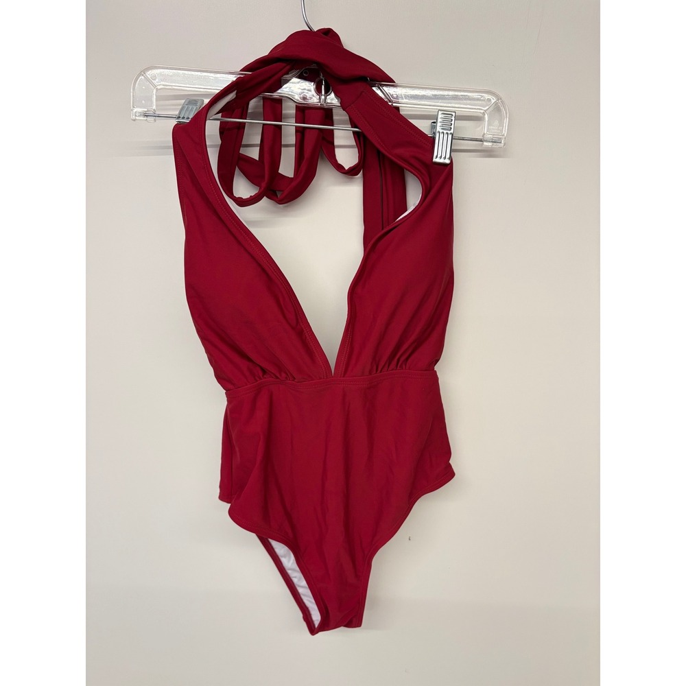 Minimalist One Piece Plunge Halter Tie Back Swimsuit Cupshe Women Red